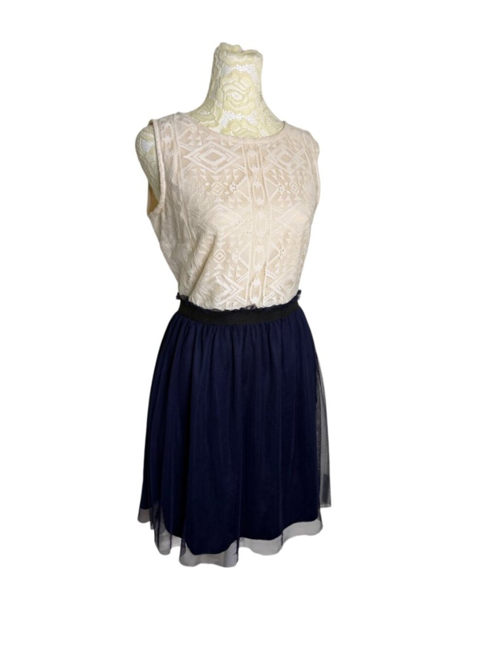 Speechless Mini Dress Fit & Flare Lace Mesh Color Block Cream Navy Blue 9